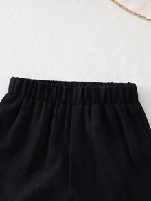 Elladie kids 两件套女童纹理面料撞色下摆无袖上衣和休闲短裤T恤套装，两件套女童夏季黑色两件套，女童两件套夏季套装，儿童两件套夏季套装，两件套夏季服装，女童秋冬装 - 黑色 - 查看 3