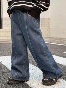 SHEIN 男童宽松版型藏蓝色保暖牛仔裤，适合秋冬季穿着 - 深色水洗藍 - 查看 6