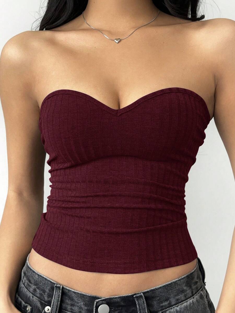 SHEIN BASICS Casual Solid Color Knit Fitted Tube Top For Women/Summer\Off-Shoulder - Rose Red - View 1