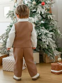 SHEIN 3pcs Baby Boys Gentleman Style Outfit,White Shirt,Khaki Vest & Pants,Formal,Summer,Birthday,Brown And White Polka Dot,Wedding Suit,Infant Formal Wear - Khaki - View 2