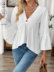 EMERY ROSE 白色V领荷叶边袖女式休闲衬衫 - 白色 - 查看 4