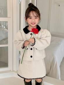 DAZY 2件套年轻女孩长袖翻领夹克和迷你裙套装 - 杏色 - 查看 3