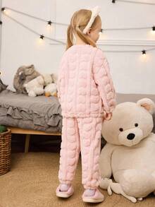 年轻女孩 2 件冬季柔软毛绒心形镂空法兰绒睡衣套装，休闲舒适家居服年轻女孩蓬松睡衣女孩蓬松睡衣 - 淺粉色 - 查看 2