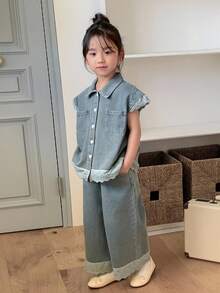 DAZY 2件套少女蕾丝拼接韩版牛仔衬衫和宽松牛仔短裤套装 - 中等水洗藍 - 查看 1
