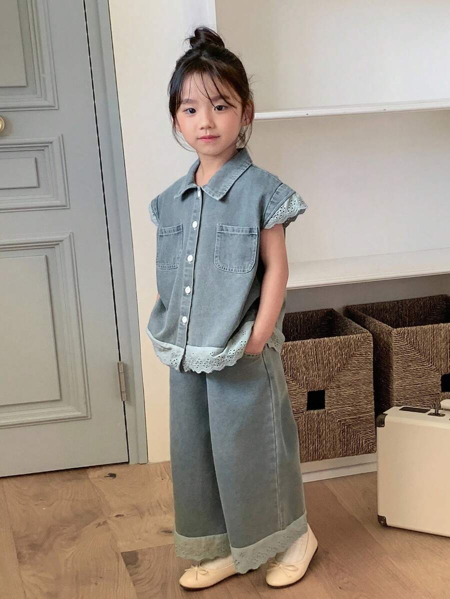 DAZY 2件套少女蕾丝拼接韩版牛仔衬衫和宽松牛仔短裤套装 - 中等水洗藍 - 查看 1