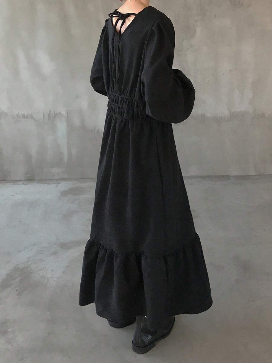 FRIFUL 女士纯色灯笼袖系带荷叶边下摆连衣裙 - 黑色 - 查看 1