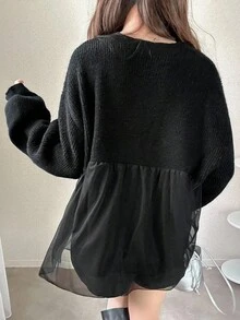 FRIFUL 女士圆领针织毛衣，网眼荷叶边下摆拼接，宽松灯笼袖休闲开衫 - 黑色 - 查看 6
