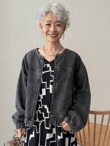 FRIFUL 女式落肩长袖拉链休闲牛仔夹克牛仔夹克短款夹克黑色牛仔夹克加大码牛仔夹克秋冬 - 黑色 - 查看 3