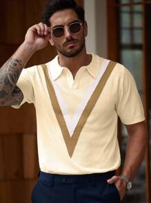 Manfinity Homme Men's Striped Short Sleeve Casual Loose Knit Sweater Knit Jersey V Neck Sweater Short Sleeve