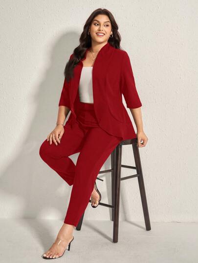 Comfylo Plus Size Women Solid Color 3/4 Sleeve Blazer And Pants 2 Pieces Office Suit, Business Casual Woman,Fall Clothes For Women Fall Women Clothes Fall Clothes Plus Size Fall Outfits For Women Fall Outfits Women Autumn Red Suit For Women Red Sets For Women Plus Size Pant Suit Women Suit Set Blazer Set For Women
