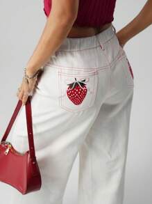 SHEIN ICON Women's Early Autumn New White Cute Heart-Shaped Strawberry Bow Embroidered Straight Leg Pants, Casual Outgoing Minimalist - White - View 2