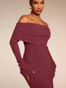 SHEIN BAE 女士纯色露肩长袖休闲长裙、派对女装、新年女装、圣诞节女装 - 酒紅色 - 查看 3