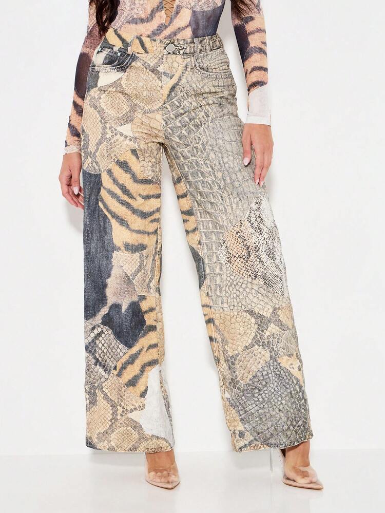 KIZN Mixed Animal Print Patchwork Wide Leg Jeans