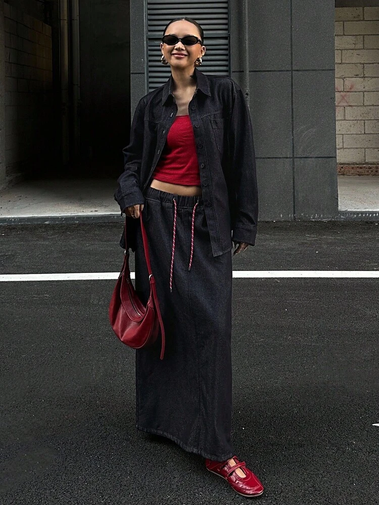Women's Casual Loose Top And Denim Skirt Set