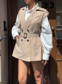 SHEIN EZwear Double-Breasted Lapel Sleeveless Trench Coat, Back To School,Fall - Khaki - View 8