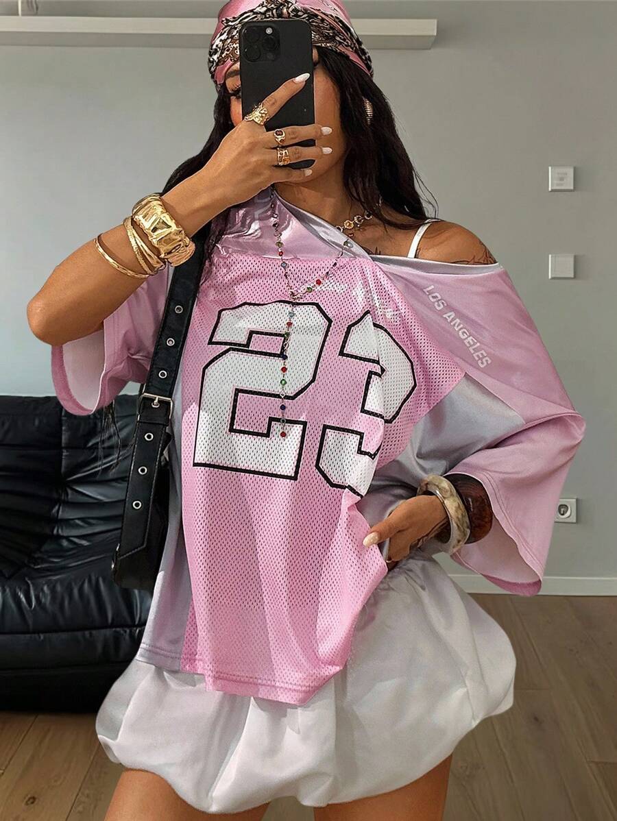 Coolane 女士春夏节日外出街头服饰复古透气网眼数字图案棒球服红色球衣 - 粉色 - 查看 1