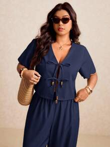 Elaquor Plus Size Vacation Casual Solid Color Shirt And Pants 2 Pieces Set,Fall Clothes For Women