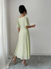 Modelyn Women's Solid Butter Yellow Chiffon Ruffle Sleeve Design Summer French Style Vacation Dress - Green - View 2