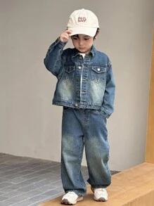 SHEIN 2pcs/Set Young Boy Fall/Winter Vintage Urban Street Cool Style Vintage Distressed Casual Basic Everyday Style Blue Denim Lapel Long Sleeve Loose Fit Jacket And Baggy Jeans Set,For Kids Fall/Winter Clothes,Boys Back-To-School Clothes,Boys Streetwear Outfits,Boys Homecoming Outfits,Boys Halloween Outfits,Toddler Boys Denim Two-Piece Set - Dark Wash - View 4