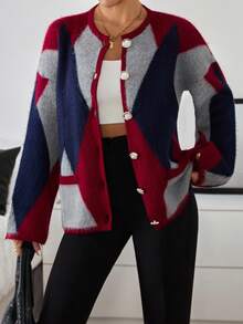 SHEIN Cottnline كارديجان بيان ريترو بوب ذو زاوية جريئة من الكشمير المنسوج بألوان متناقضة مع أزرار - متعدد الألوان - مشاهدة 5