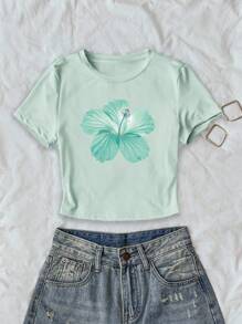 INAWLY 女士花卉印花修身短款 T 恤，夏季多巴胺诱导甜美女士上衣 - 彩色 - 查看 1