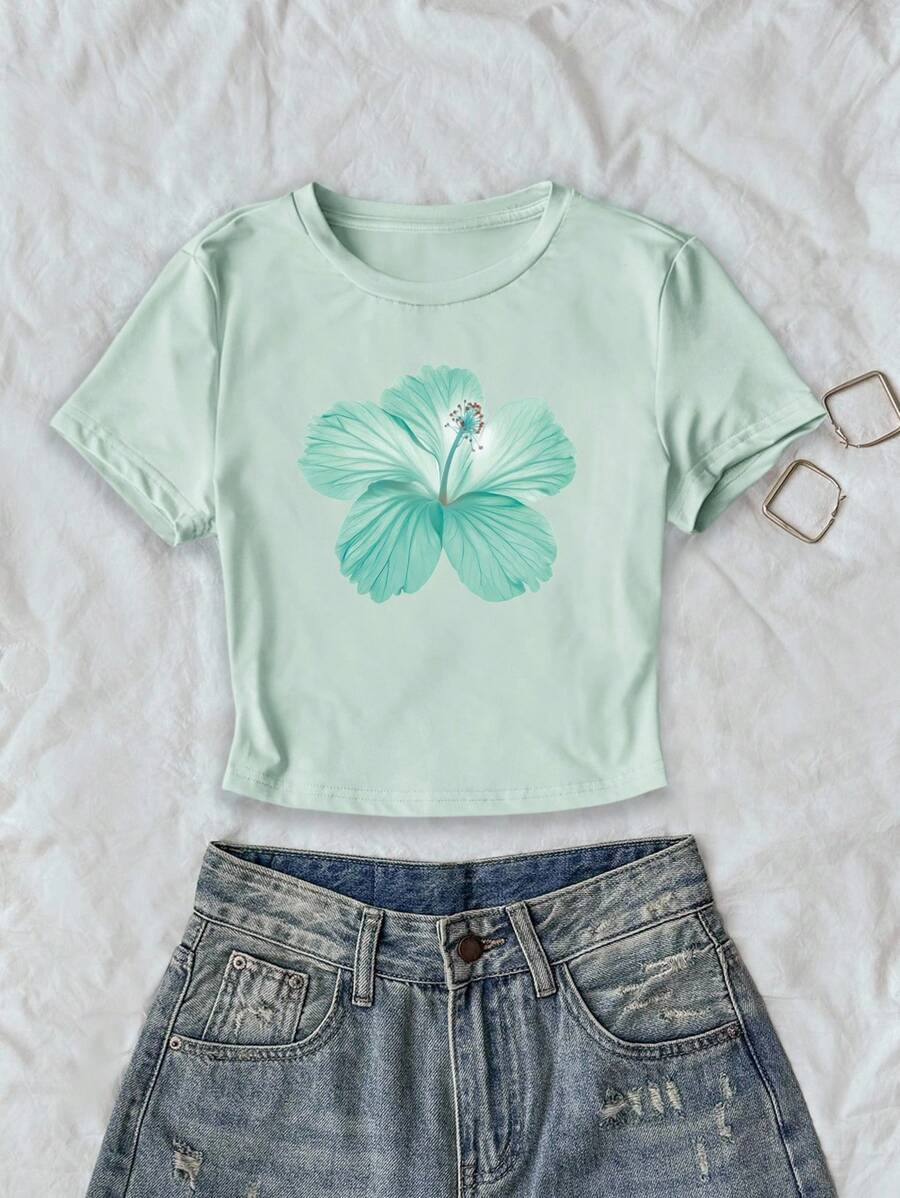 INAWLY 女士花卉印花修身短款 T 恤，夏季多巴胺诱导甜美女士上衣 - 彩色 - 查看 1