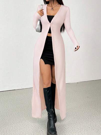 SHEIN EZwear Women Casual Light Pink Fitted Button Down Long Cardigan Jacket In Fall/Winter
