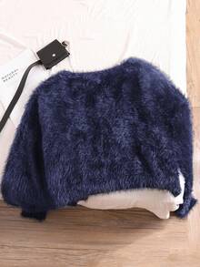 CosyJoli 大码女式毛衣 露肩毛绒短款开衫 短款开衫 海军蓝开衫 毛绒开衫 披肩开衫 秋冬 - 藏蓝色 - 查看 2