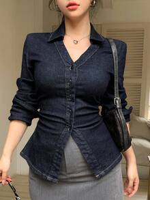 DAZY 女士翻领长袖收腰开衩下摆休闲优雅牛仔衬衫 Y2k