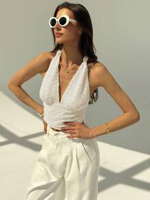 Aloruh New Macaron Knitted Jacquard Textured Fabric Halter Tie-Up Sexy Backless Deep V Neck Camisole - Apricot - View 7