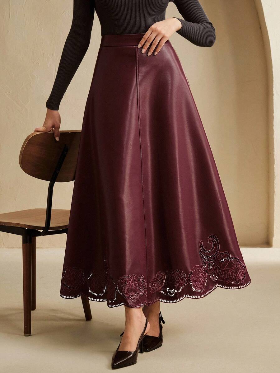 Anewsta Elaire 女士优雅刺绣喇叭裙、A字裙、街头风格裙子、秋冬 - 酒紅色 - 查看 1