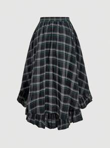 SHEIN MOD Plus Size Vintage Green Plaid Asymmetric Hem Ruffle Hem Skirt Plaid Skirt Women Ruffle Skirt Asymmetrical Skirt. Skirt For Autumn/Winter.Halloween Outfits - Multicolor - View 2
