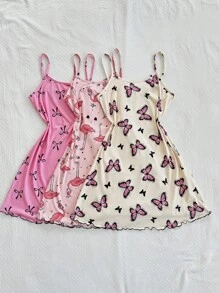 SHEIN Bộ 3 món Dream Adore: Áo ngủ hai dây in họa tiết bướm, nơ và hồng hạc - Nhiều màu - Xem 5