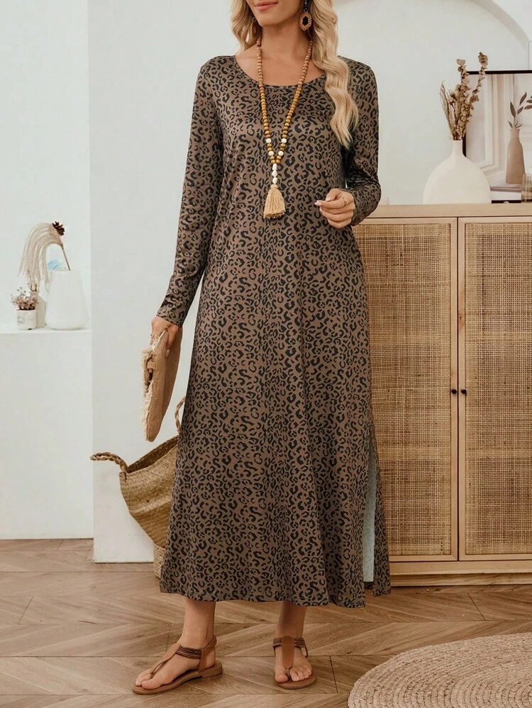 レオパード柄 ラウンドネック 長袖ドレス (レディース)