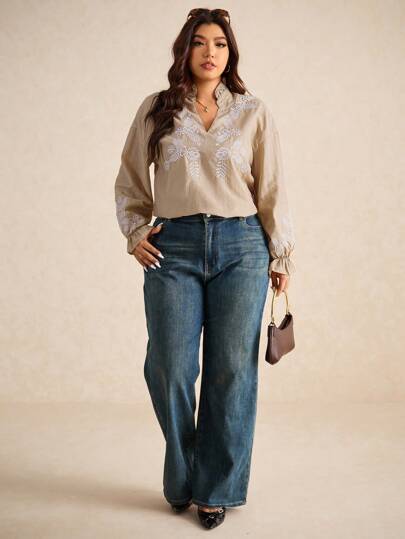 Elaquor Camisa casual de manga larga con patrón minimalista para tallas grandes