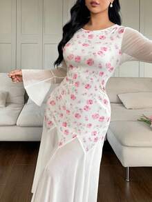 Modelyn 女式圆领喇叭袖印花修身喇叭连衣裙，春夏 - 彩色 - 查看 7