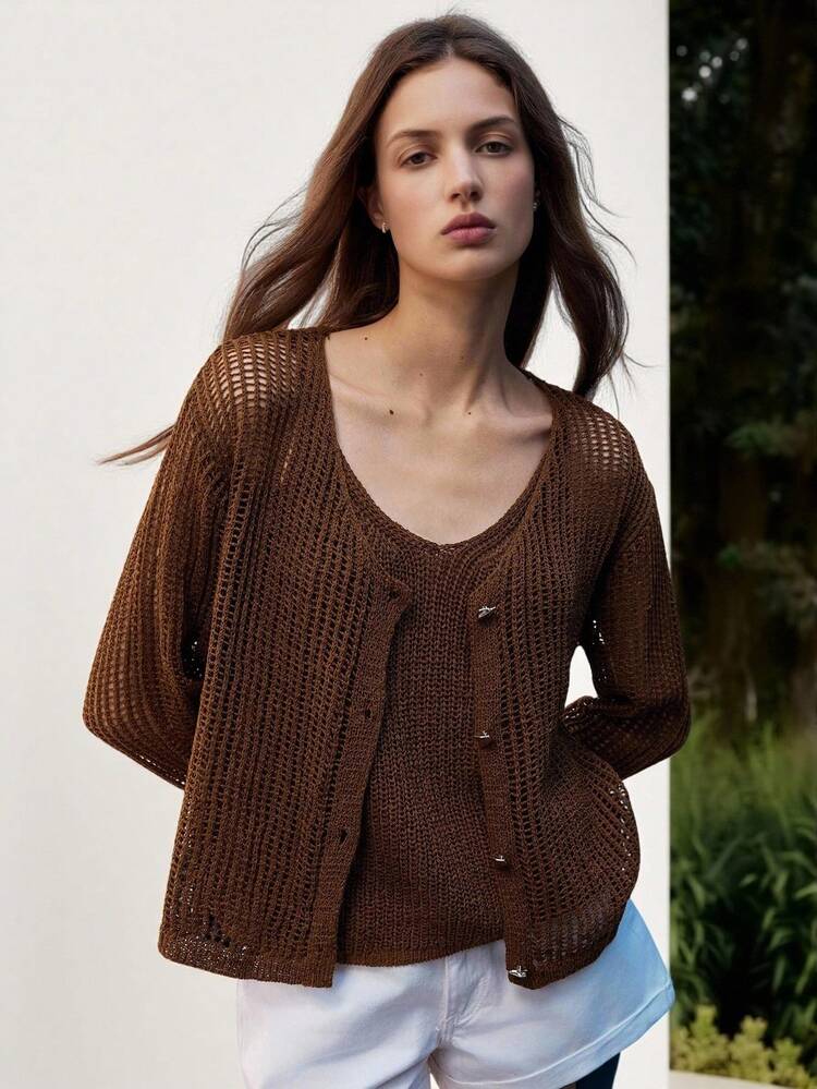 SHEIN Maija 2pcs Women Solid Color Long Sleeve Hollow-Out Knitted Cardigan And Camisole Knit Top Set, Fall Women Clothes