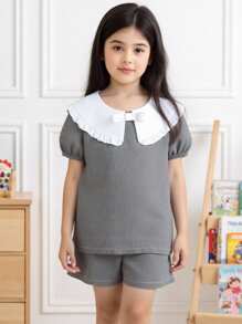 SHEIN 2pcs/Set Young Girls Elegant Blouse & Pants Set Young Girl Summer Outfits Young Girl Grey Outfits Girls Ruffle Collar Outfit Back To School Uniform - Grey - View 1