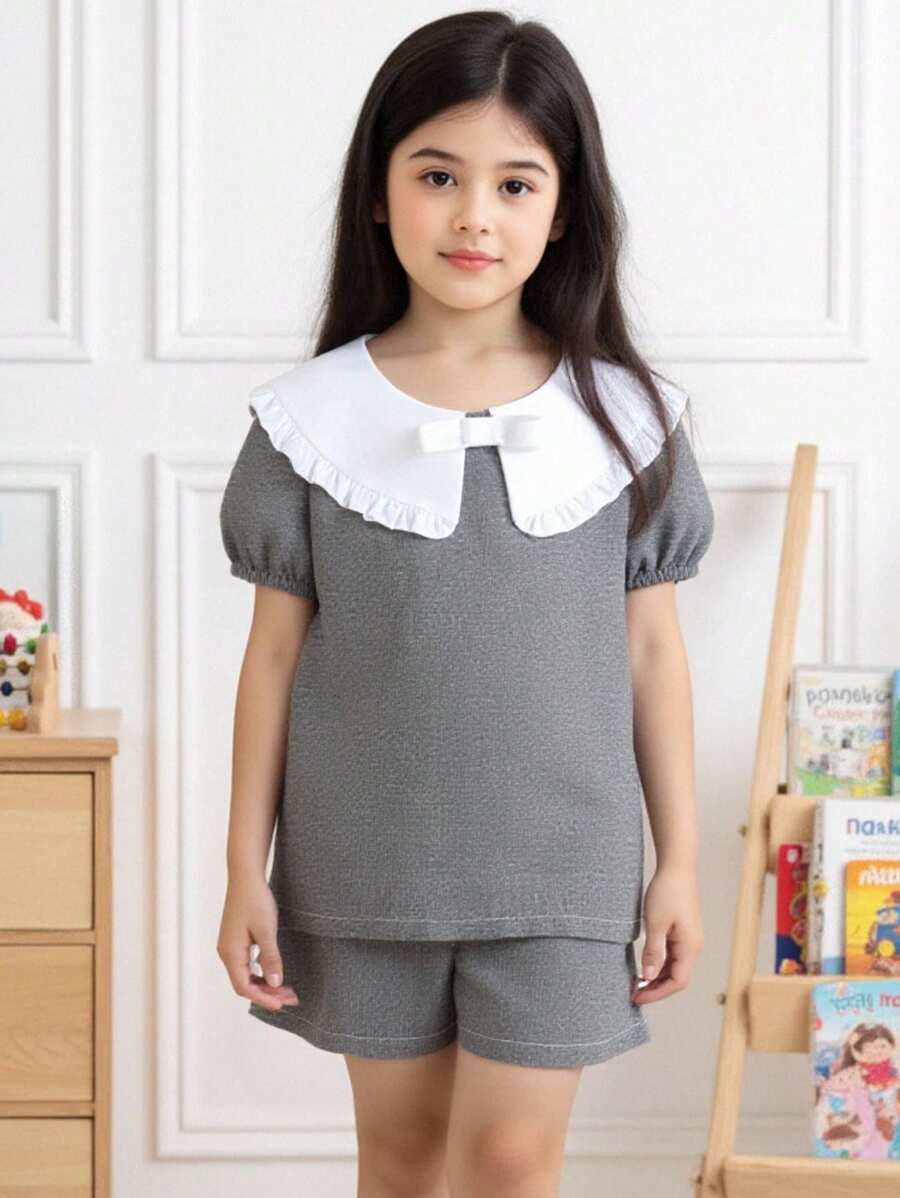 SHEIN 2pcs/Set Young Girls Elegant Blouse & Pants Set Young Girl Summer Outfits Young Girl Grey Outfits Girls Ruffle Collar Outfit Back To School Uniform - Grey - View 1