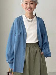 FRIFUL Camisa casual suelta de mujer de un solo pecho con bolsillo de carga, de manga larga y hombros caídos, de unicolor, para otoño e invierno - Azul - Ver 1