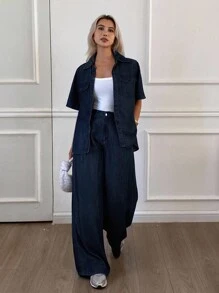 DAZY Women's Casual Loose Denim Shirt And Wide Leg Jeans Set - Dark Wash - View 5