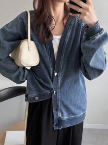 FRIFUL 女士休闲宽松水洗超大牛仔夹克牛仔美学衣服 - 藍色 - 查看 5