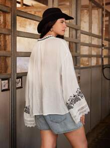 Freevana Plus Size Women's Floral Print Drop Shoulder Long Sleeve Lace Patchwork Loose Fashion Blouse White Boho Top Peasant Blouse Going Out Tops Fall Women Clothes Western Vintage Back To School