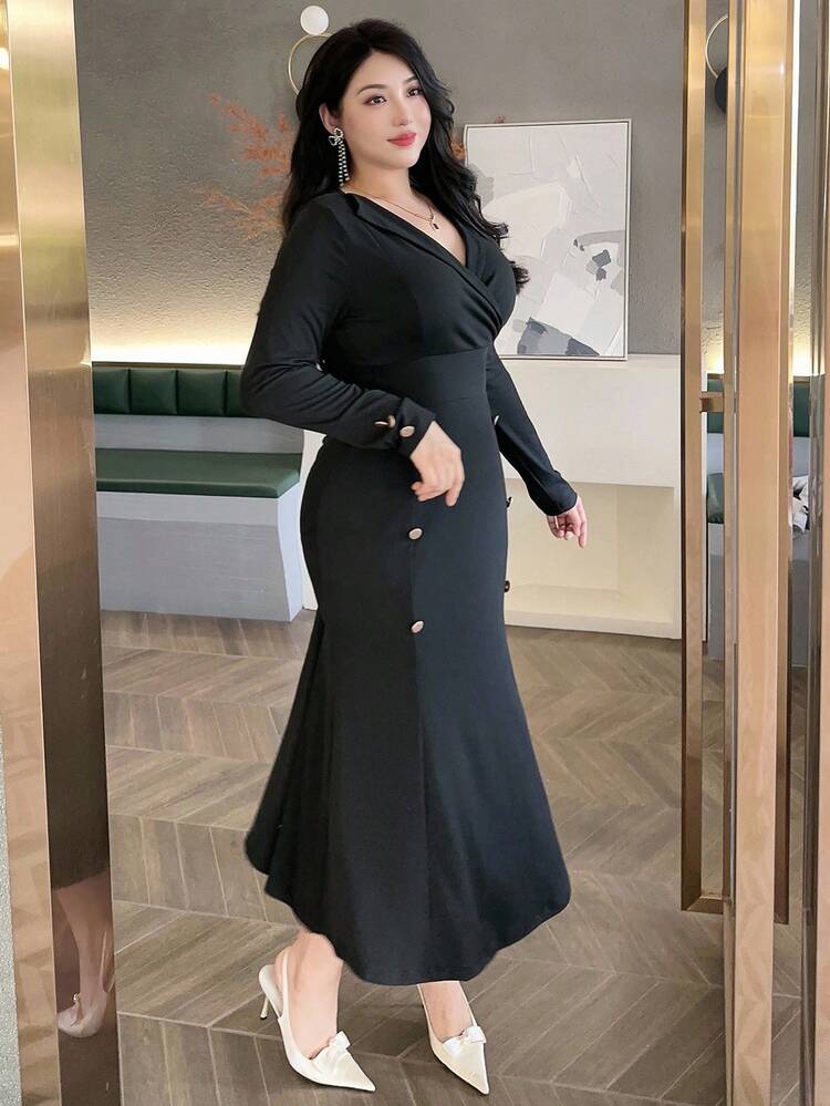 Dazy Plus Plus Size V-Neck Elastic Fitted Long Sleeve Double-Breasted Wrap Long Black Elegant Cocktail Dress Prom Dress