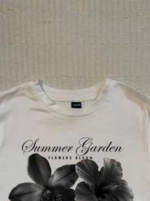 SHEIN EZwear 休闲简约垃圾摇滚复古花卉印花修身圆领短袖 T 恤女款，适合夏季、秋冬季分层穿着 - 白色 - 查看 5