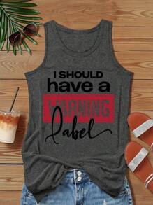 SHEIN LUNE Áo ba lỗ cổ tròn in khẩu hiệu giản dị cho mùa hè - Màu xám đen - Xem 1