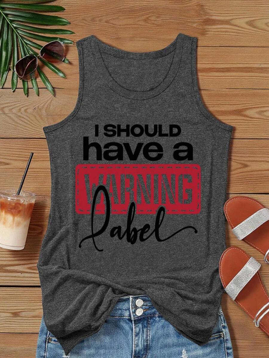 SHEIN LUNE Áo ba lỗ cổ tròn in khẩu hiệu giản dị cho mùa hè - Màu xám đen - Xem 1