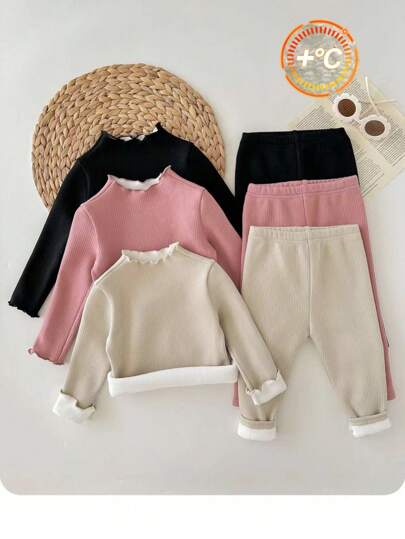 SHEIN 女宝宝可爱纯色针织长袖上衣和裤子套装，秋冬