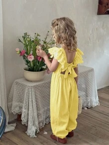 SHEIN X Scheana LMoss Kids Young Girl Woven Solid Color Ruffle Jumpsuit - Yellow - View 6