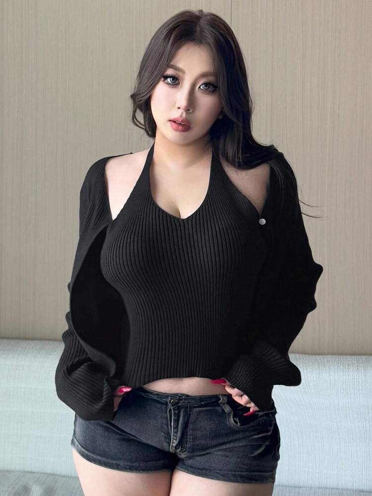 Dazy Plus Plus Size Women's Solid Color Ribbed Hollow Out Tight Cropped Turtleneck Sweater, Black Fall